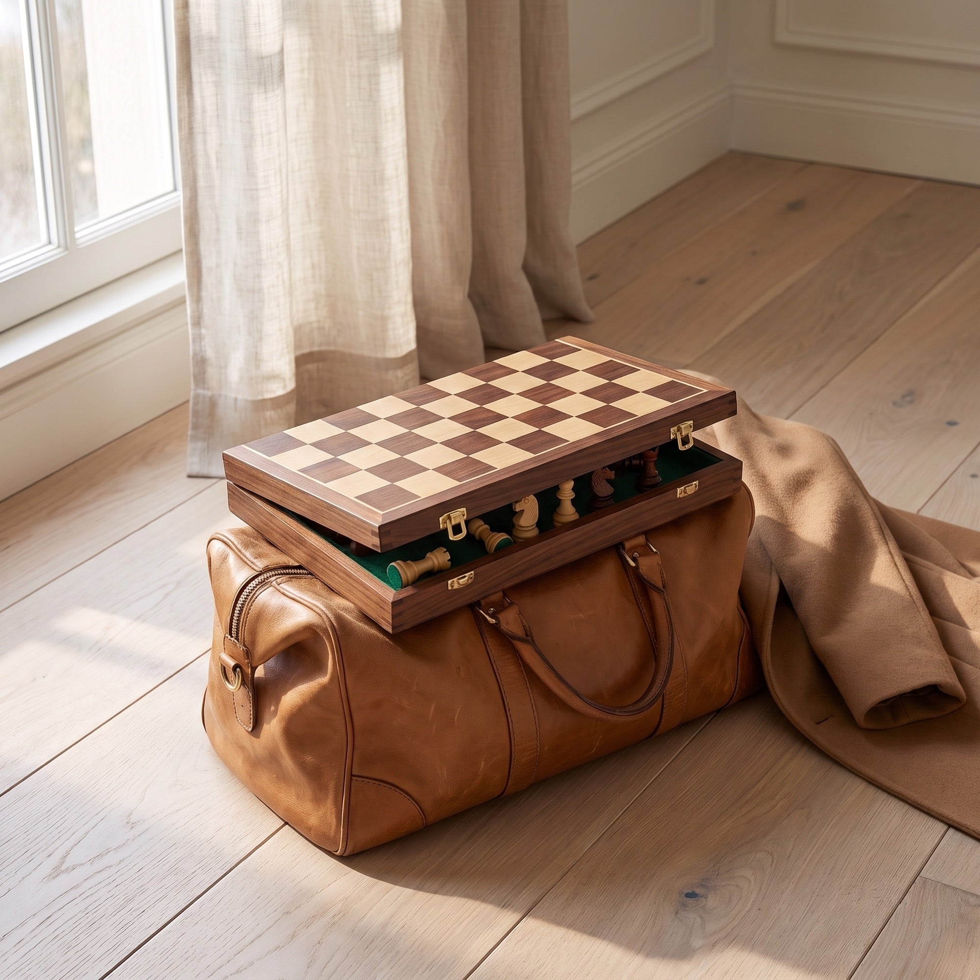 Travel and Folding chess sets - MONOLITH Voyager folding walnut set on a leather weekend bag