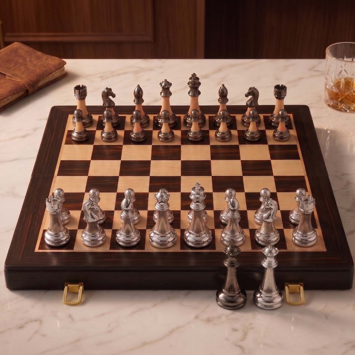 The Regent grand folding chess set with electroplated pieces