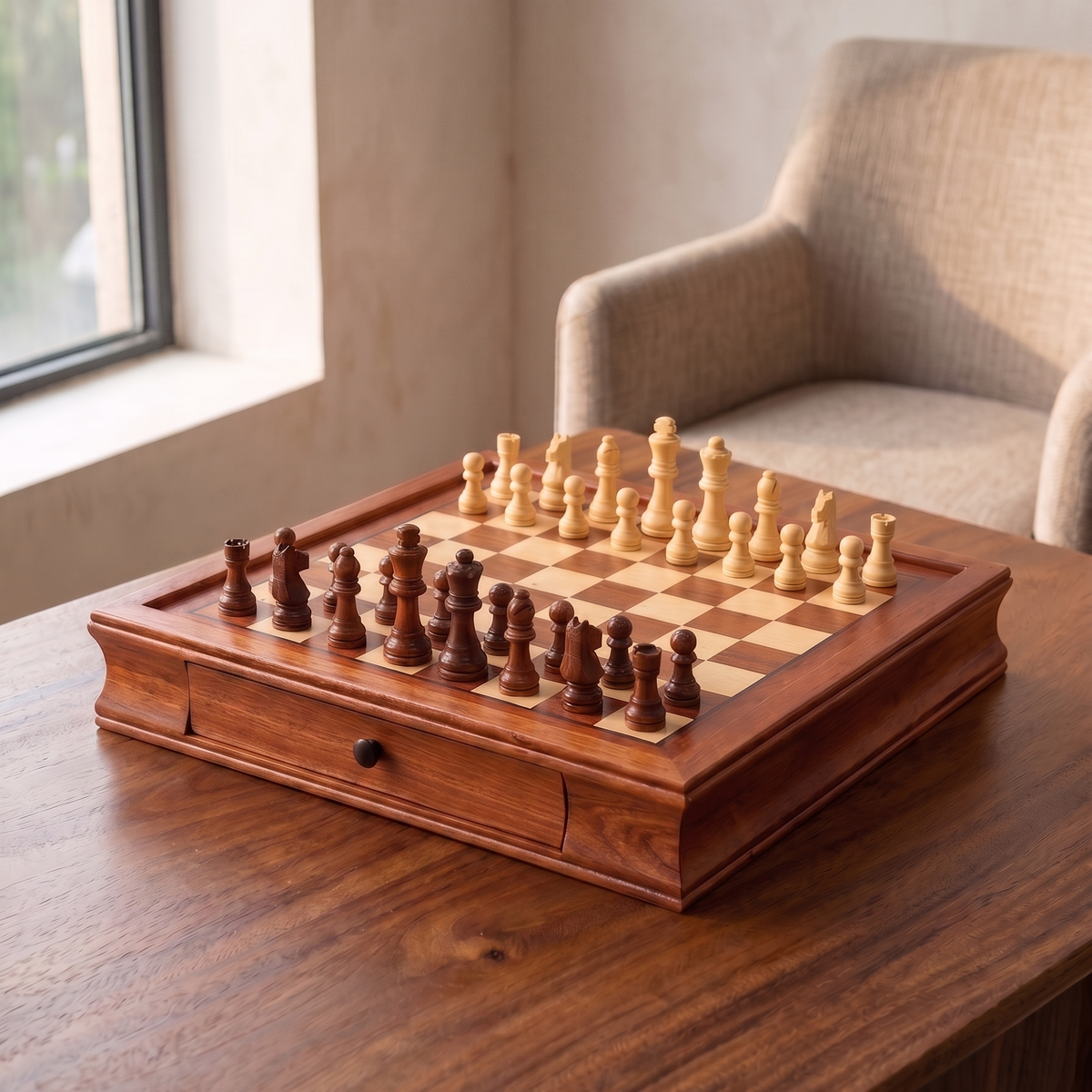 The Vault magnetic maple chess set with storage drawers