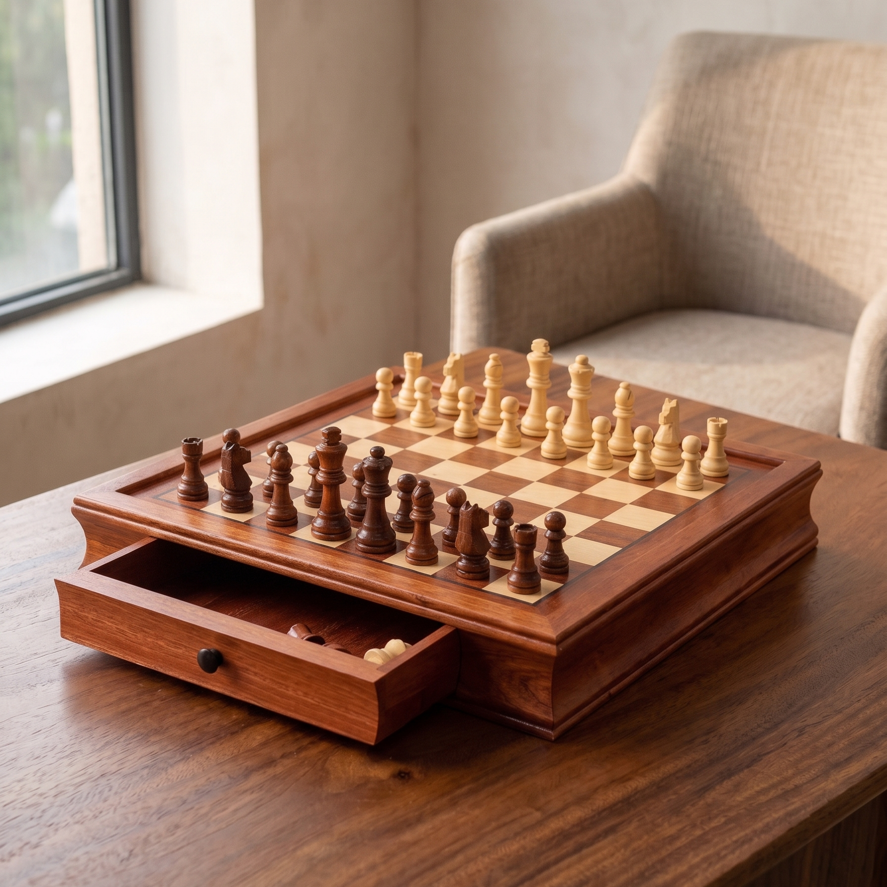 Maple chess set integrated drawer open with pieces