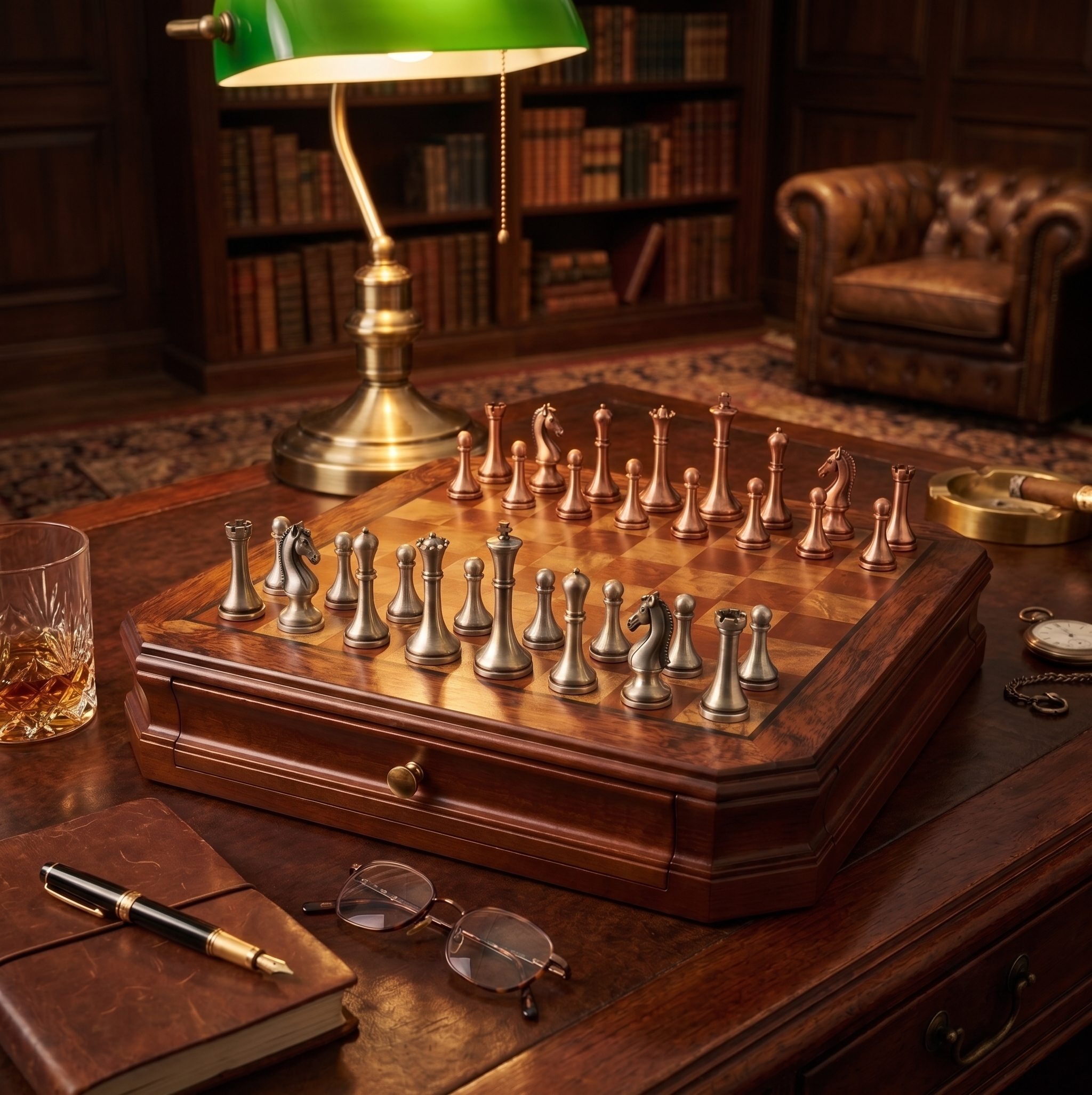 The Sovereign mahogany chess set with metal pieces