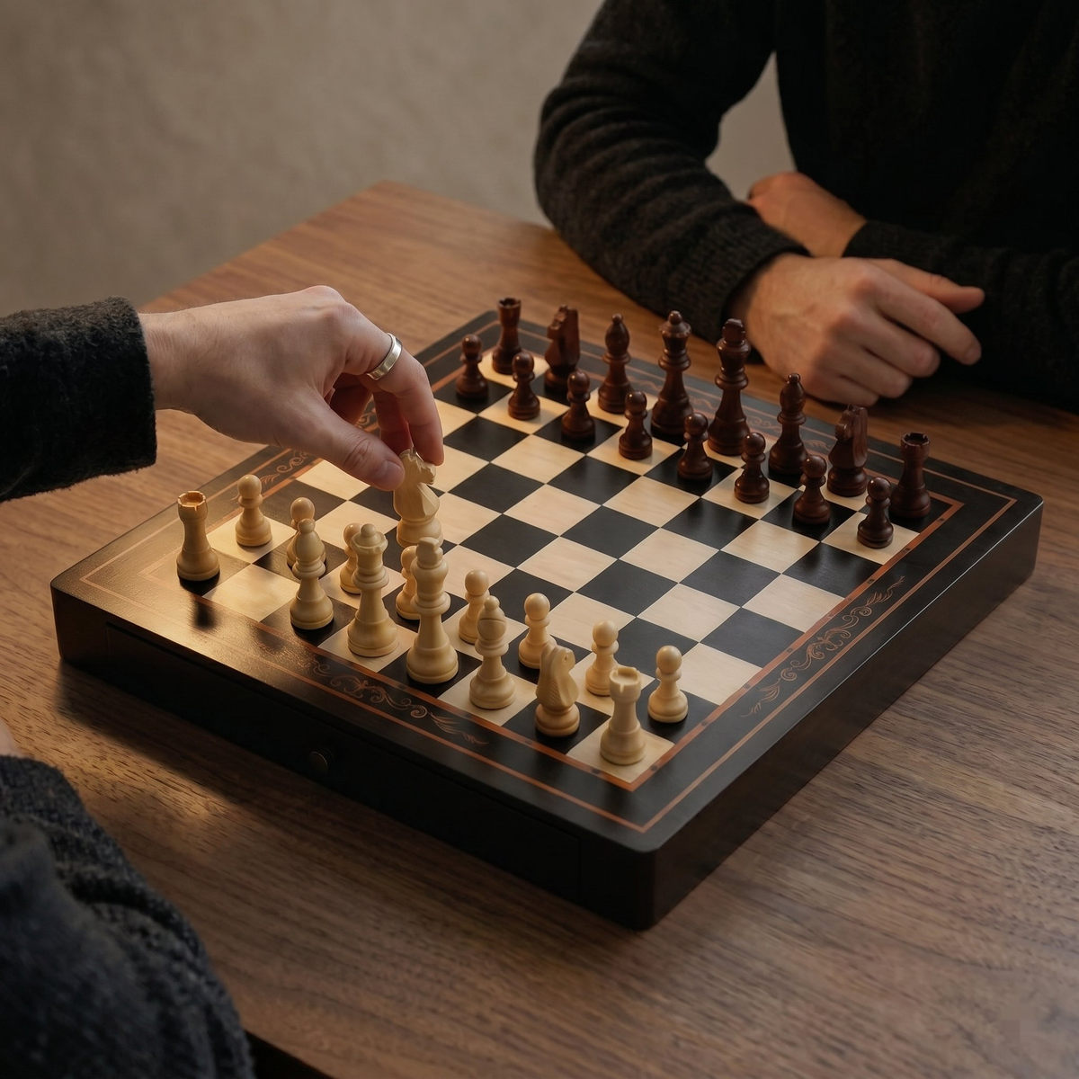 Walnut and maple chess board detail