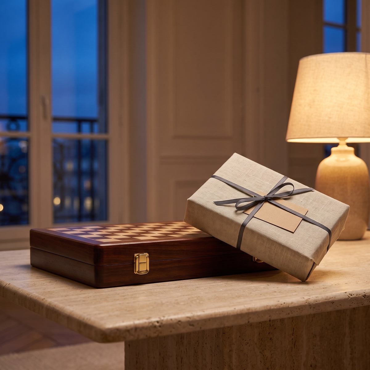 Closed walnut chess case beside a linen-wrapped gift at dusk