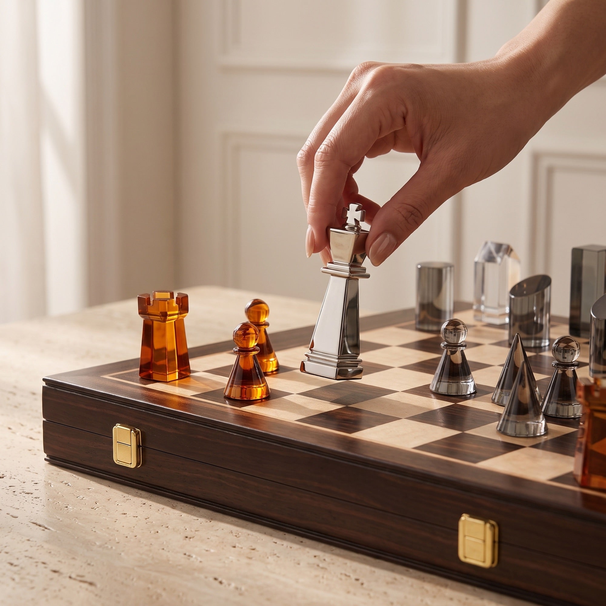 Hand lifting a silver metal king beside crystal chess pieces