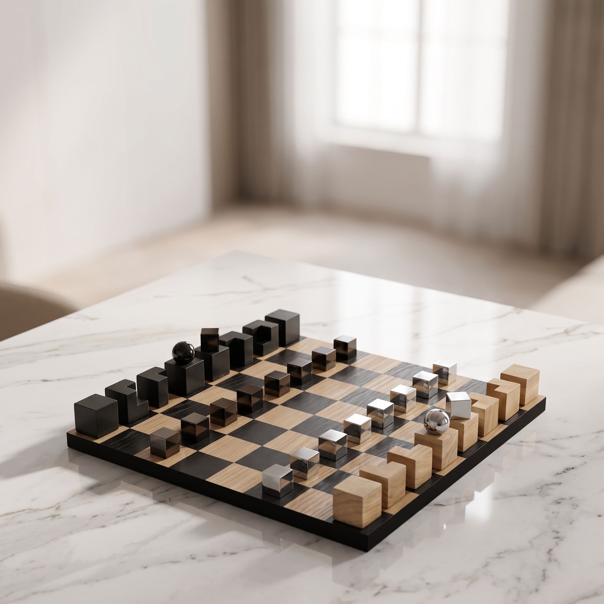 The Oslo sculptural oak chess set on a coffee table