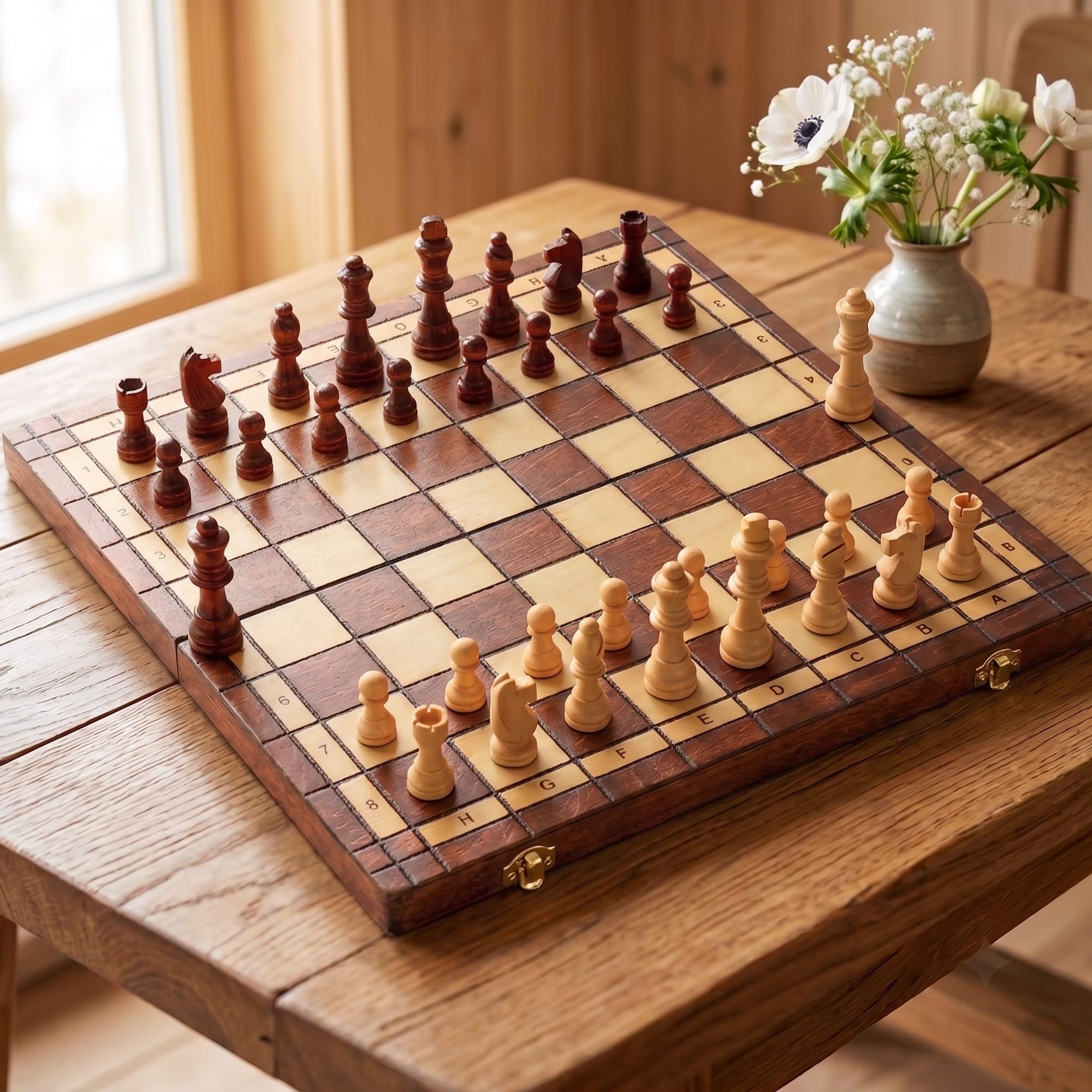 The Voyager folding magnetic walnut chess set