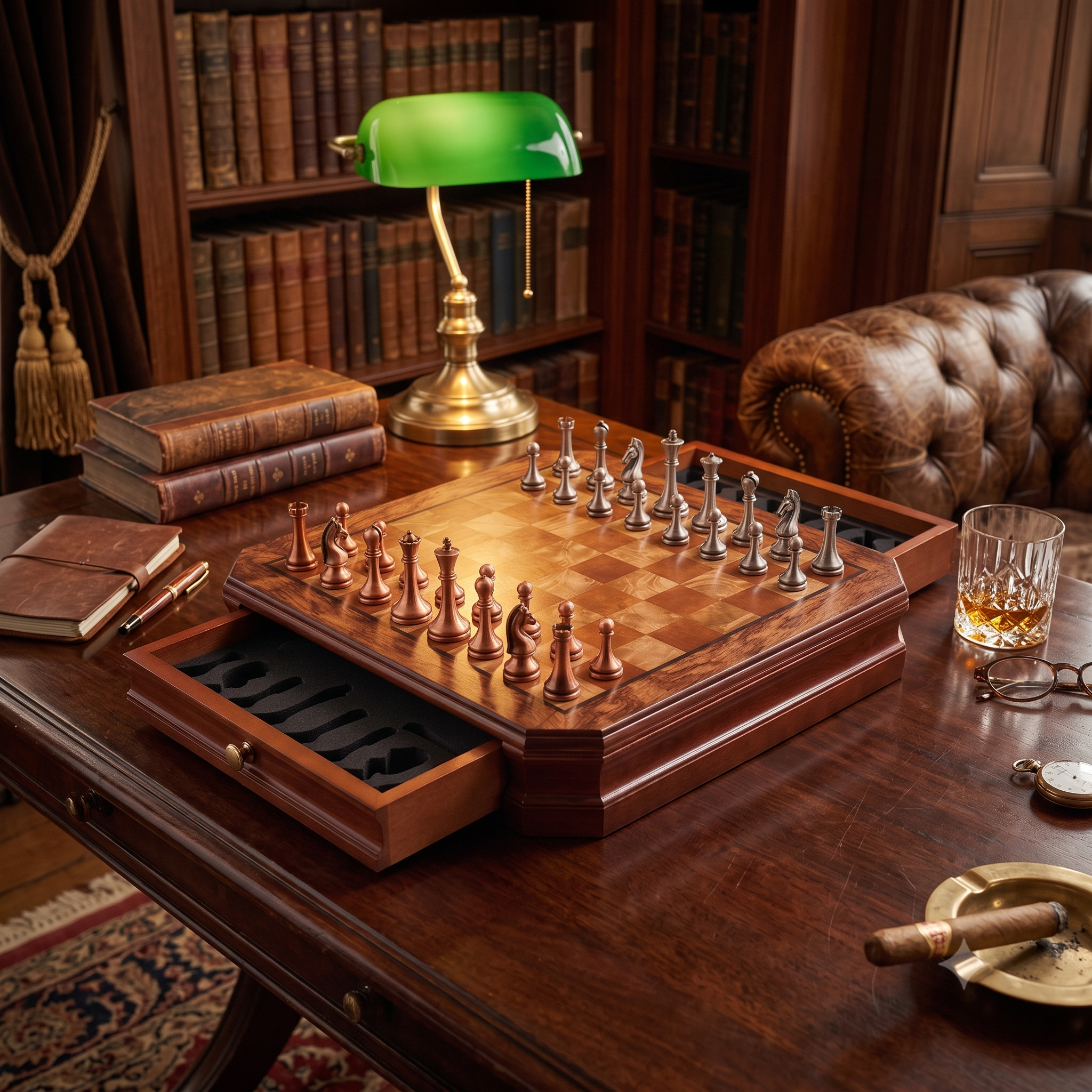 Weighted metal chess pieces in silver and copper