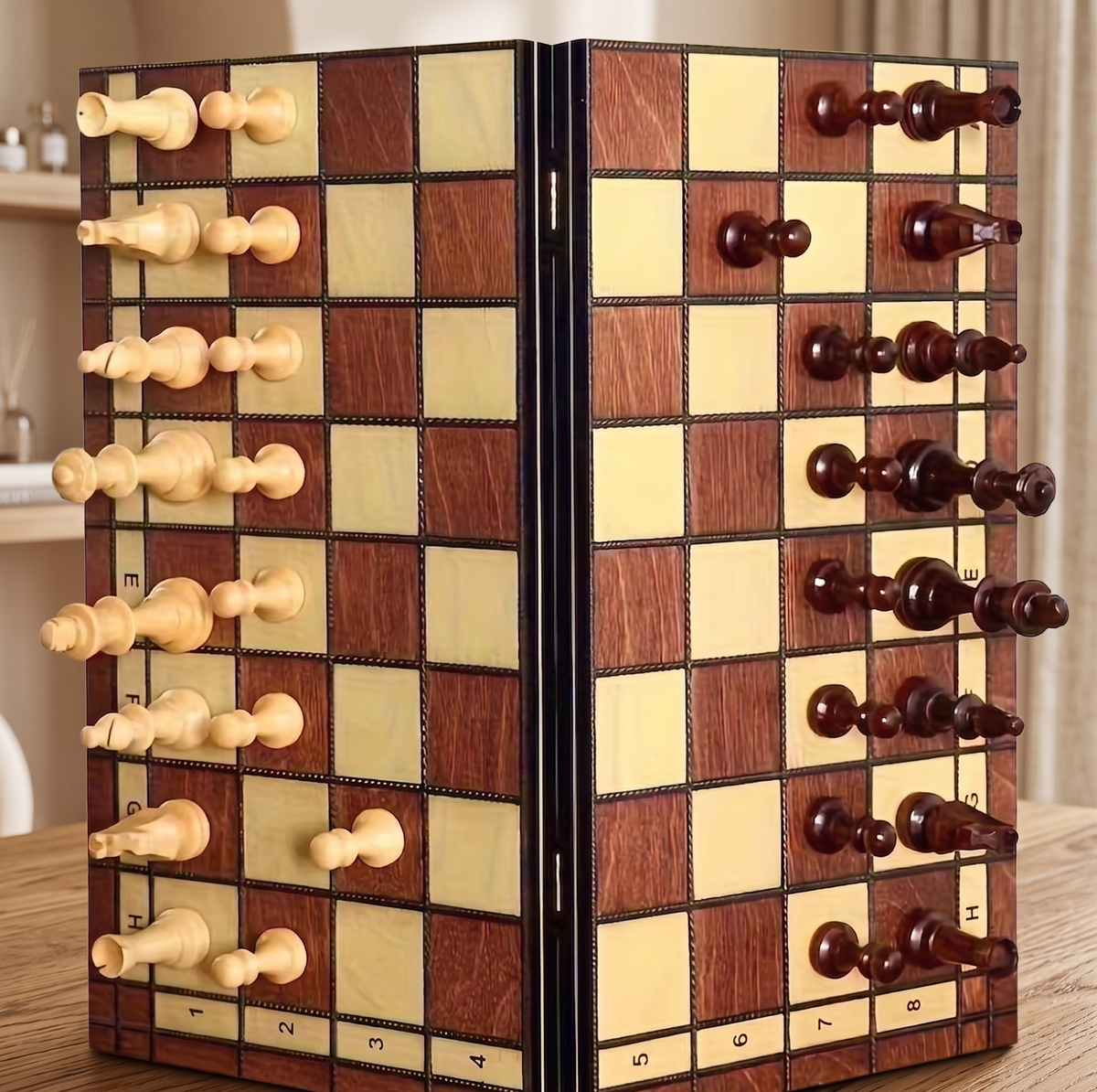 Folding walnut chess board half open
