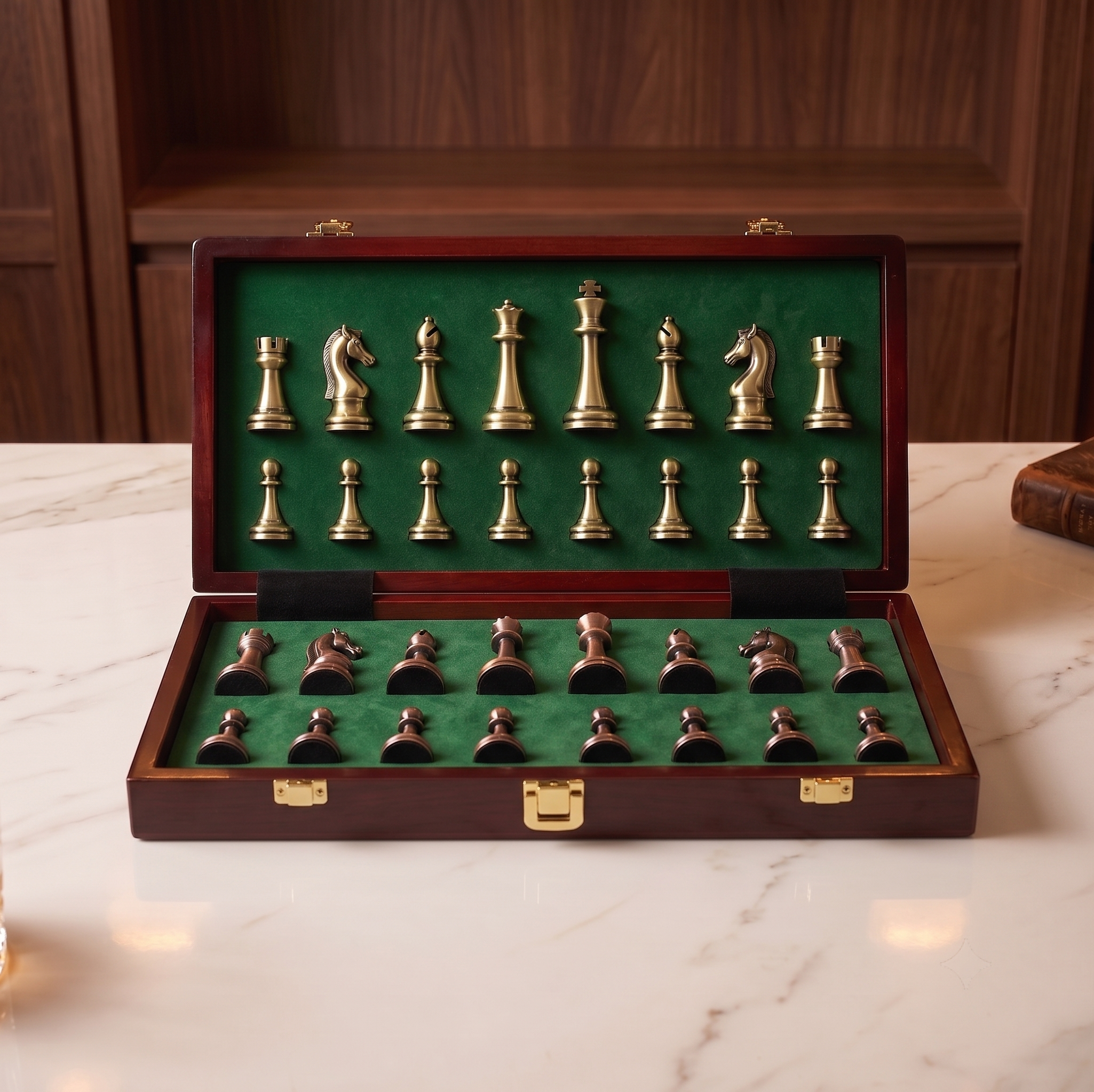 Gold and copper metal chess pieces