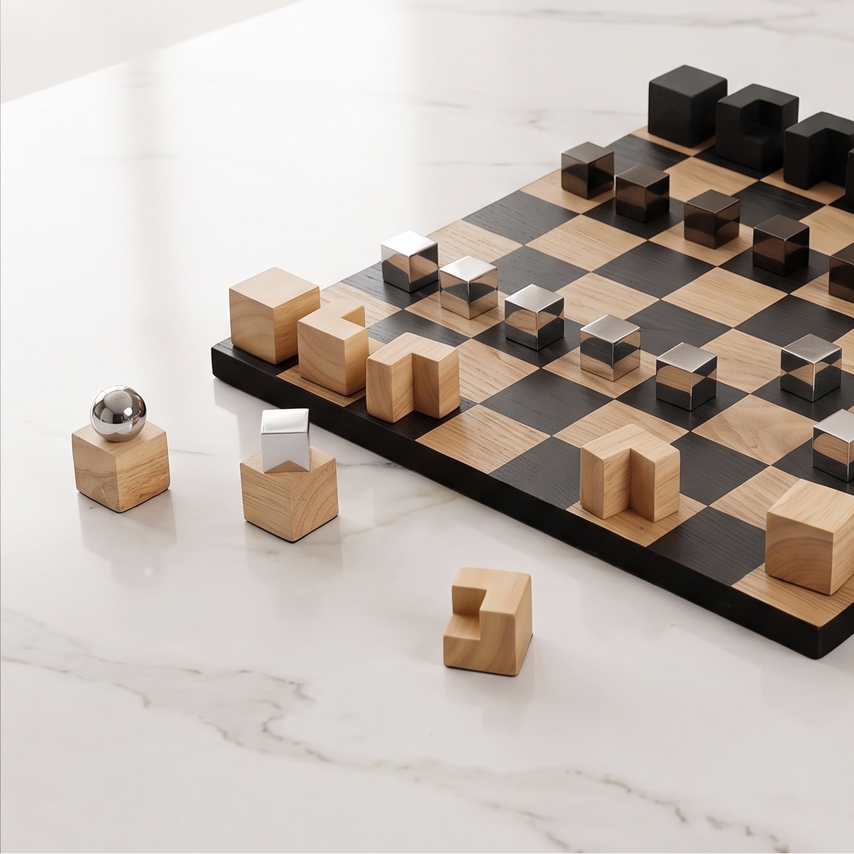 Geometric oak chess pieces close-up