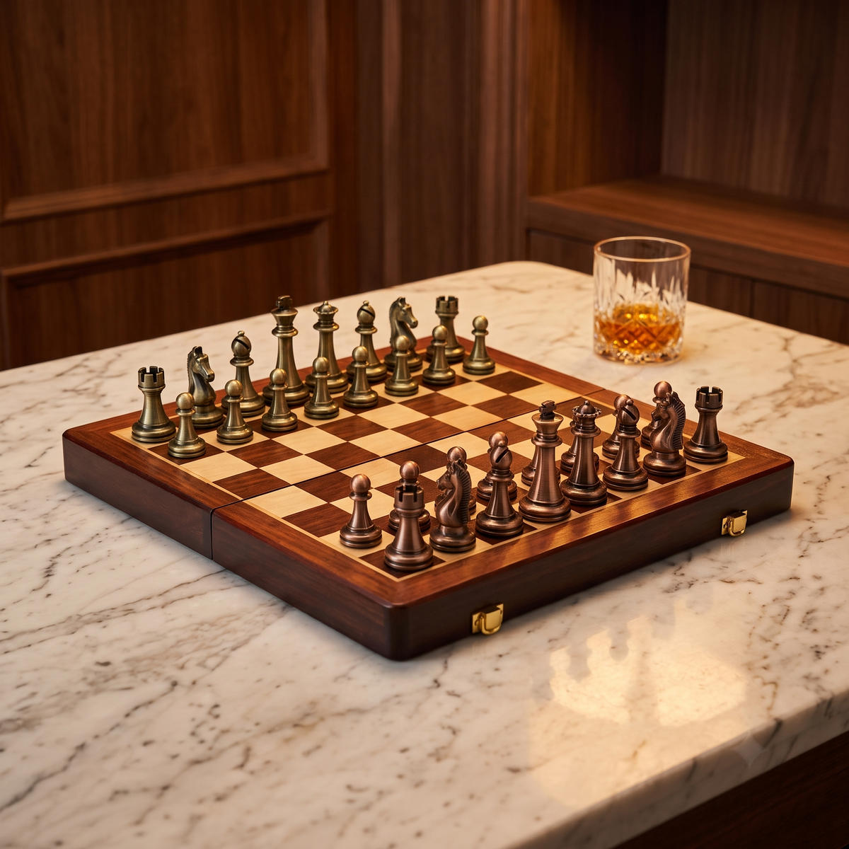 The Consul folding walnut chess set with metal pieces