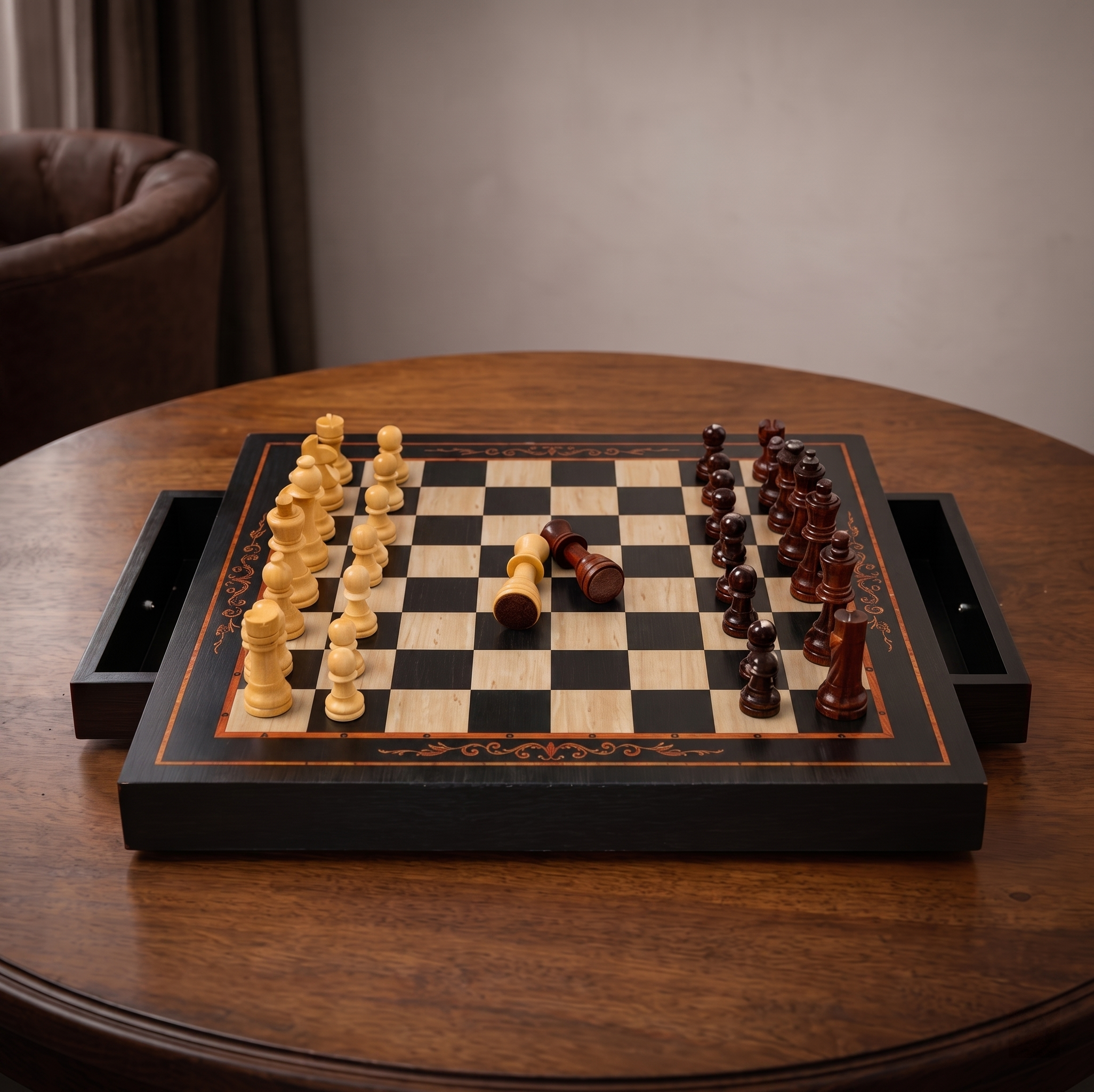 The Duet magnetic walnut and maple chess set