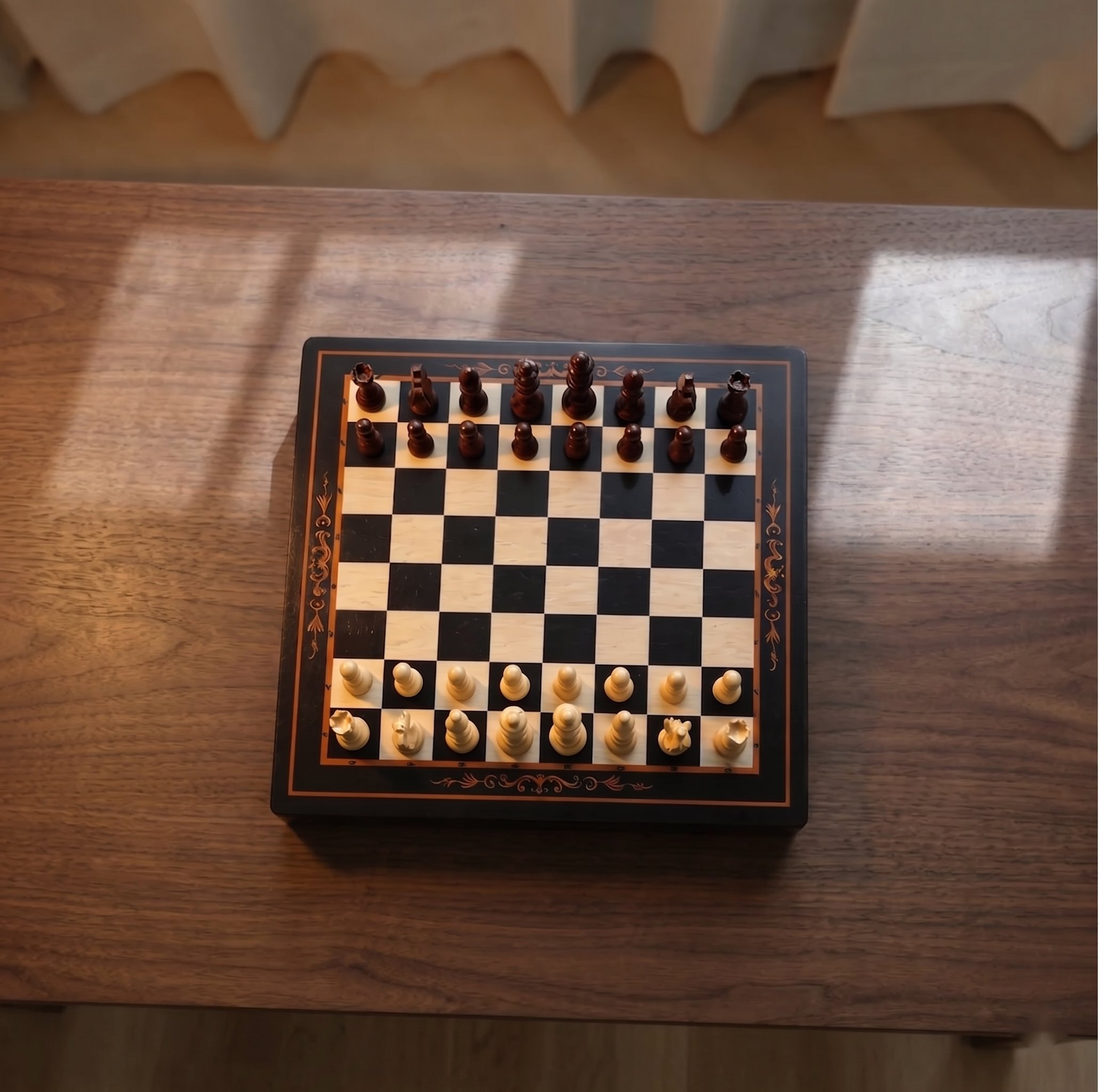 The Duet chess set styled on a table