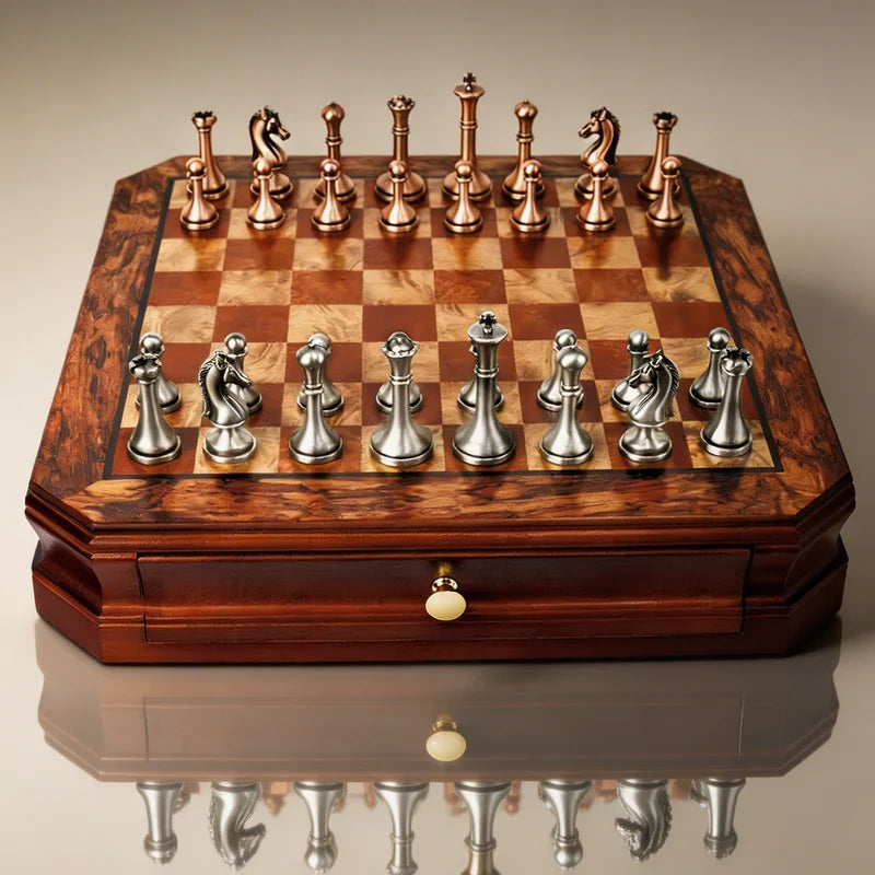 Metal pieces on mahogany squares detail