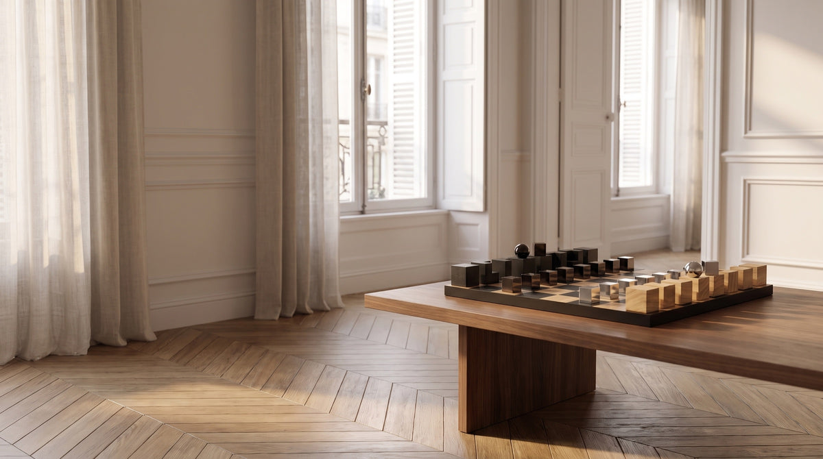 MONOLITH oak chess set on a walnut coffee table in a Haussmannian living room