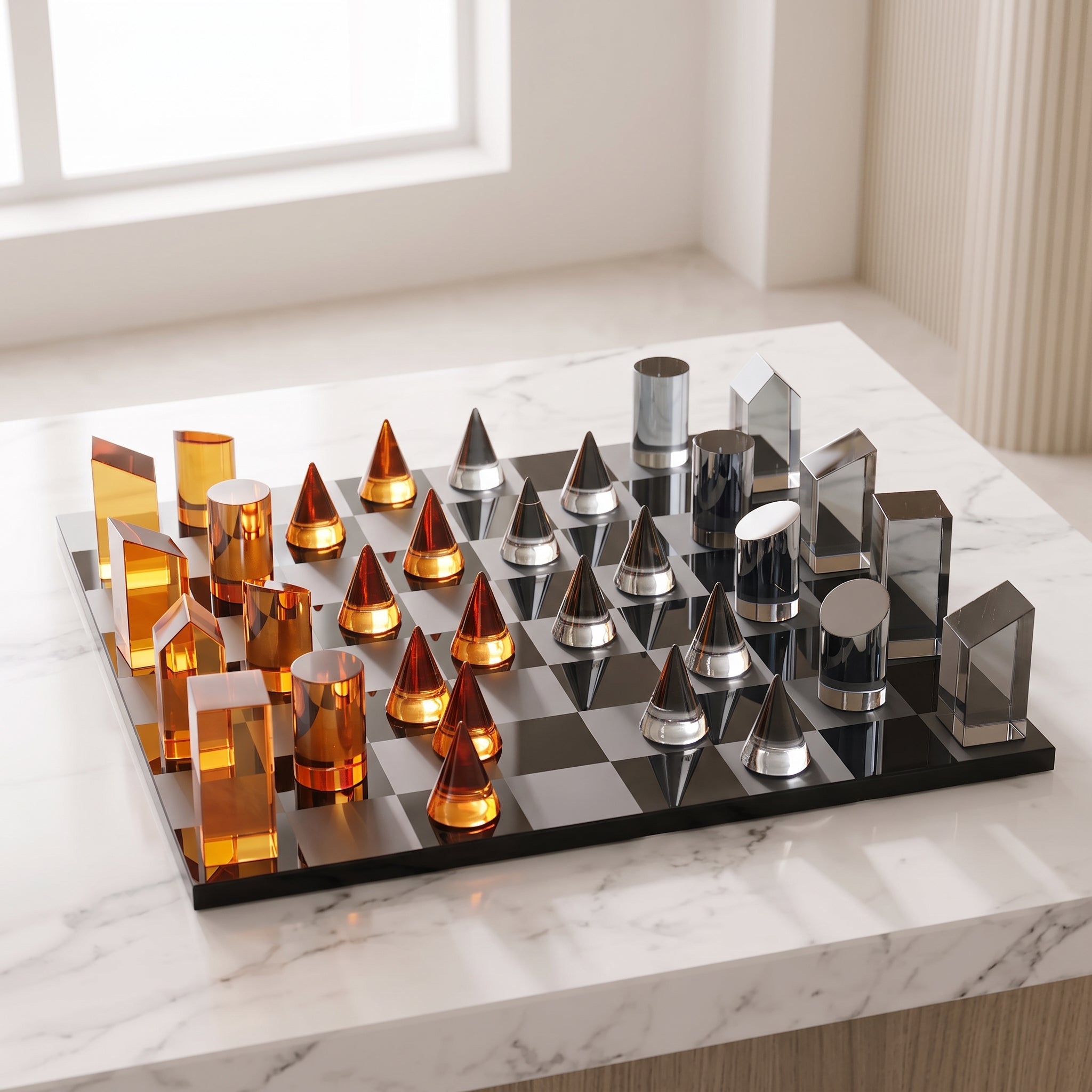 The Prism chess set styled in a modern interior
